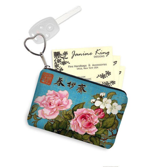 Japanisches Blumenmuster Schlüsselanhänger Kleingeld Visitenkartenhalter  Schlüsselanhänger Vogel blau rosa Rosen RTS mit Reißverschluss Münzfach -  .de