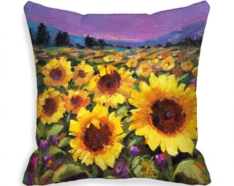 14 inch Indoor / Outdoor Pillow Cover  Sunflower Gift  Floral Art Pillow Cover  Zipper Closure  Purple Yellow Blue 14 x 14 14x14  RTS