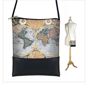 Small Cross Body Purse  Mini Crossbody Bag  Shoulder Bag  Old World Map Vintage Map  Steampunk  Victorian  Blue, Black QCK