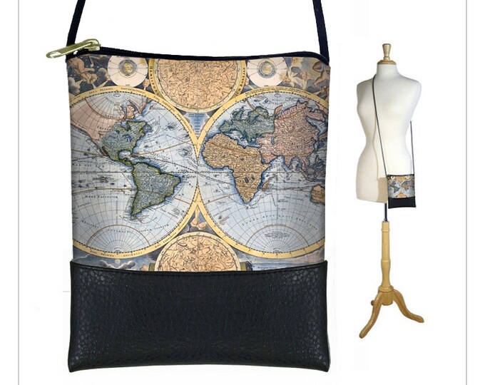 Small Cross Body Purse  Mini Crossbody Bag  Shoulder Bag  Old World Map Vintage Map  Steampunk  Victorian  Blue, Black RTS