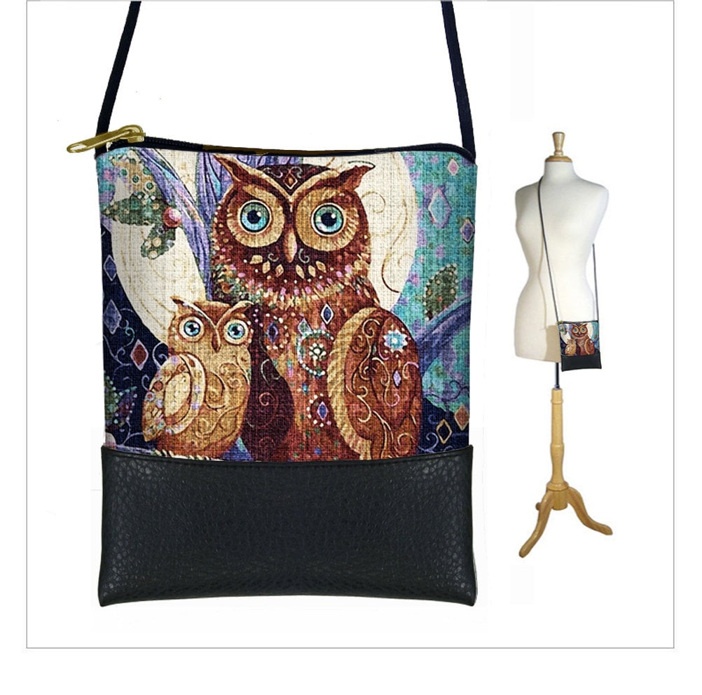 Moon Owl Small Cross Body Bag Owl Fabric Shoulder Bag Purse Mini Crossbody Bag Cute Cell Phone Pu