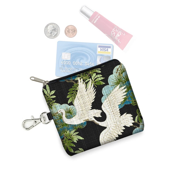 Japanese Heron Print Small Zipper Pouch  Coin Purse Keychain  Asian Floral Fabric Key Fob  Credit Card Holder Small Wallet  Bird Key Fob RTS