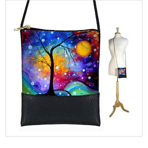 Bolso bandolera mini MadArt Winter Sparkle, bolso de hombro pequeño, funda para iPhone, árbol, luna, azul, morado, RTS