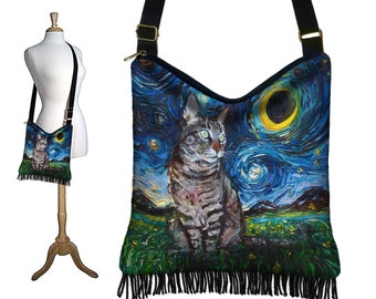 SG Tabby Cat Fringe Purse  Starry Night Hippie Bag  Boho Hobo Bag  Crossbody Purse  Van Gogh Cat Fabric Purse  Tabby Cat Gifts RTS