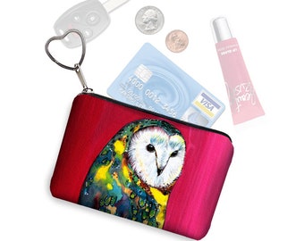 Small Zipper Pouch Clara Nilles  Barn Owl on Lipstick Coin Purse Keychain Key Fob  Business Card Holder Purse Organizer red yellow blue RTS