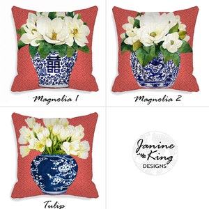 22 INCH Indoor Outdoor Pillow Cover Asian Chinoiserie Blue Ginger Jar Magnolia Flower Pillow Covers Zipper Closure 22 X 22 22X22 QCK image 3