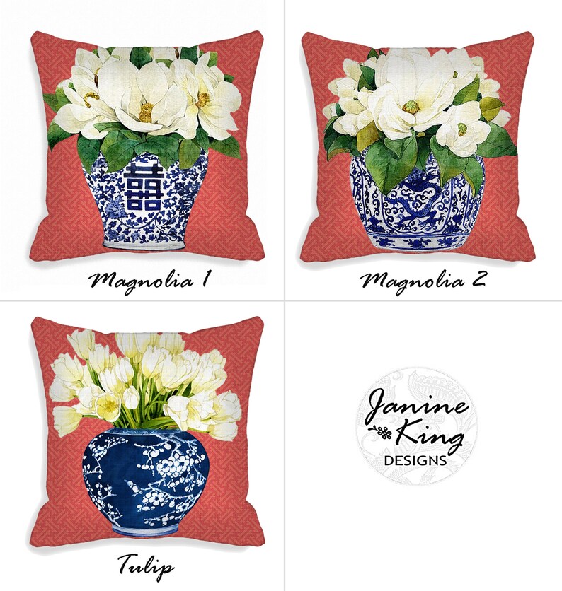 22 INCH Indoor Outdoor Pillow Cover Asian Chinoiserie Blue Ginger Jar Magnolia Flower Pillow Covers Zipper Closure 22 X 22 22X22 QCK image 3