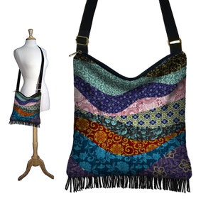 Sac hippie bohème sac à main hobo sac à bandoulière sac gyspy sac à main à franges sacs en tissu asiatique, sac à bandoulière, patchwork ondulé coloré RTS image 2