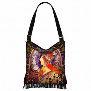 Hippie Bag Hobo Purse Crossbody Slouch Bag Gyspy Boho Fringe Bag Alphonse Mucha Zodiac Art Nouveau Woman blue orange QCK image 3