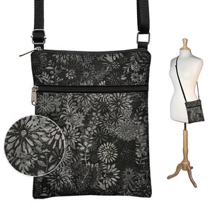 Black Crossbody Bag fits iPad Mini & eReaders  Cross Body Purse  Batik Floral Fabric Handbag   Travel Bag  Small Shoulder Bag  zipper RTS