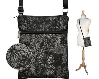 Black Crossbody Bag fits iPad Mini & eReaders  Cross Body Purse  Batik Floral Fabric Handbag   Travel Bag  Small Shoulder Bag  zipper RTS