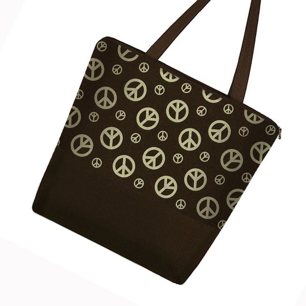 SUPER SALE orig 60  -- ready to ship -- Big Beautiful Multi-Use Zipper Tote with 3 Pockets - Peace Sign Espresso