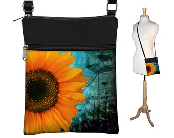 Bolso bandolera pequeño estilo hipster, bandolera tipo bandolera, funda para lector electrónico, diseño rústico de girasoles, azul, amarillo y negro, RTS
