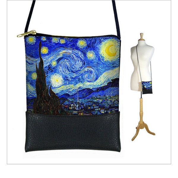 Small Cross Body Bag  Starry Night Shoulder Bag Purse  Mini Crossbody Bag  Smartphone Purse fits iPhone 6 Plus  blue yellow RTS