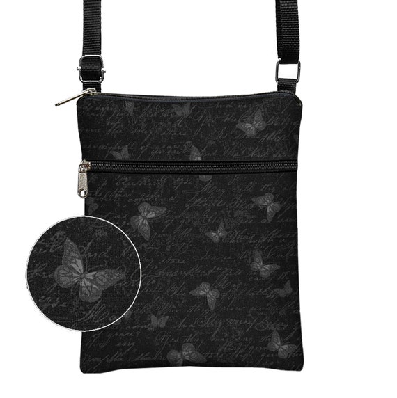 Butterfly Fabric Handbag Fits iPad Mini Black Crossbody Bag Cross Body Purse eReader Travel Bag Small Shoulder Bag Zipper Pocket MTO