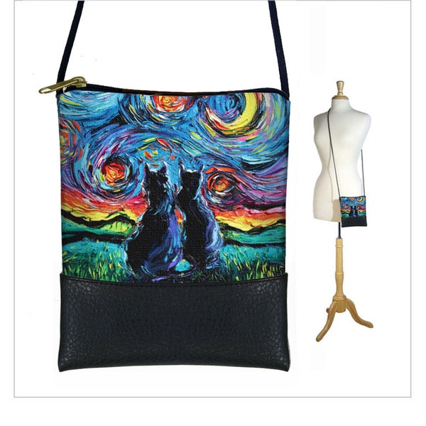 SG Van Gogh Cats Small Crossbody Bag  Starry Night Cell phone purse   Mini shoulder bag  Black Cat Lover Gift  Crescent Moon Art Bag MTO