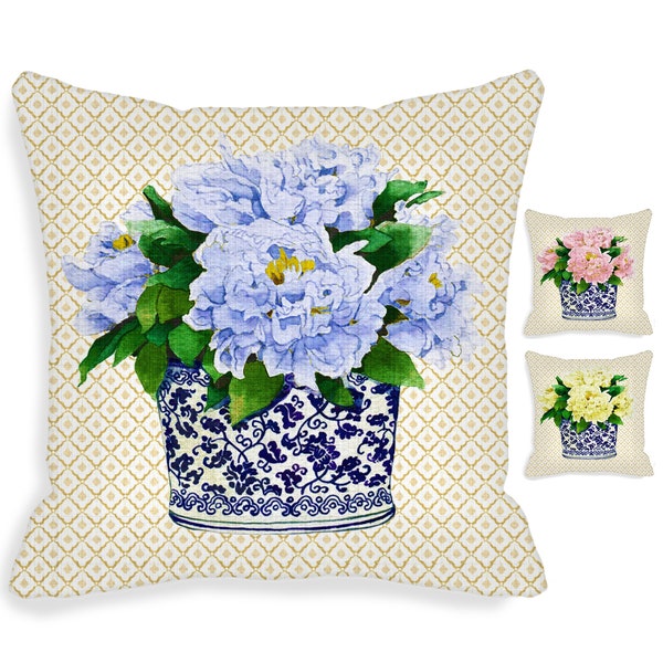 Interior al aire libre azul blanco porcelana jarrón tiro almohada cubierta asiática Chinoiserie Planter Floral Peony 18 x 18 pulgadas 20x20 +más cremallera MTO