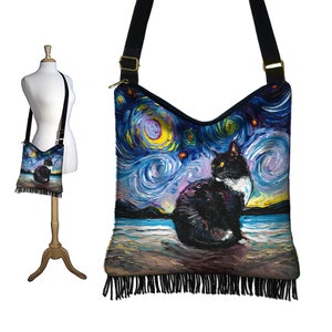 SG Tuxedo Cat Fringe Purse  Starry Night Hippie Bag  Boho Hobo Bag  Crossbody Purse  Van Gogh Cat Fabric Purse  Tuxedo Cat Gifts RTS