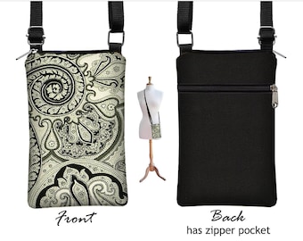 iPhone 13, X, XR  Case Mini Crossbody Bag , Paisley Cell Phone Holder  Small Cross Body Handbag, black white grey fabric QCK