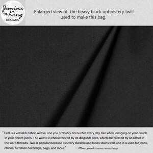 Puede incluir: Primer plano de una tela de sarga negra para tapicer&iacute;a. La tela tiene un tejido diagonal, que es caracter&iacute;stico de la sarga. El texto "Twill is a versatile fabric weave, one you probably encounter every day, like when lounging on your couch in your denim jeans. The weave is characterized by its diagonal lines, which are created by an offset in the warp threads. Twill is popular because it is very durable and hides stains well, and it is used for jeans, chinos, furniture coverings, bags, and more." - Marc Jacobs Teaches Fashion Design" es visible en la parte inferior de la imagen.
