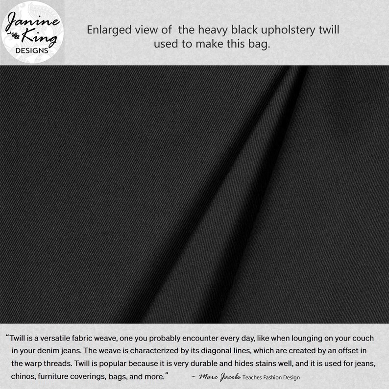 Puede incluir: Primer plano de una tela de sarga negra para tapicer&iacute;a. La tela tiene un tejido diagonal, que es caracter&iacute;stico de la sarga. El texto "Twill is a versatile fabric weave, one you probably encounter every day, like when lounging on your couch in your denim jeans. The weave is characterized by its diagonal lines, which are created by an offset in the warp threads. Twill is popular because it is very durable and hides stains well, and it is used for jeans, chinos, furniture coverings, bags, and more." - Marc Jacobs Teaches Fashion Design" es visible en la parte inferior de la imagen.