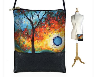 MadArt  Sling bag  mini crossbody bag fits iPhone 6 Plus  small shoulder bag purse  Aqua Burn moon tree of life blue orange yellow black RTS