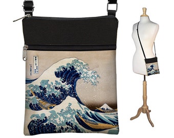 Small Cross Body Purse Great Wave by Hokusai Art Crossbody Bag Sling Shoulder Bag fits eReader ipad mini zipper blue yellow RTS