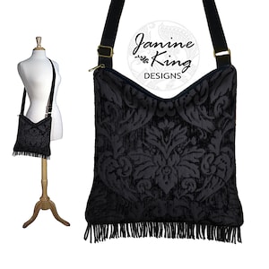 Black Crossbody Hobo Bag Boho Sling Bag Black Velvet Damask Hippie Bag Cross Body Fringe Purse Chenille Tapestry Bag QCK