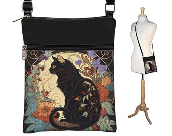 Cross Body Purse Black Cat Gifts Small Crossbody Bags for Women Art Nouveau Print Bohemian Travel Bag for eReader and Passport RTS