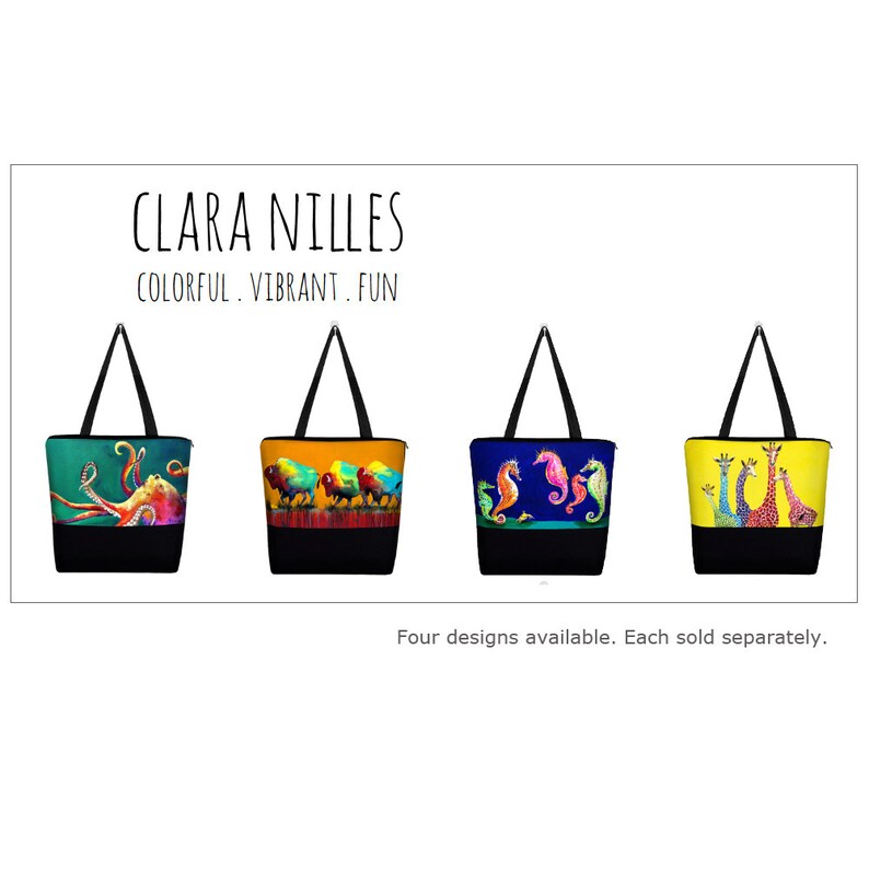 Puede incluir: Cuatro bolsas de tela coloridas con diferentes dise&ntilde;os. Las bolsas presentan un pulpo, caballitos de mar, loros y jirafas. El texto "CLARA NILLES COLORFUL. VIBRANT. FUN" est&aacute; en la parte superior de la imagen.