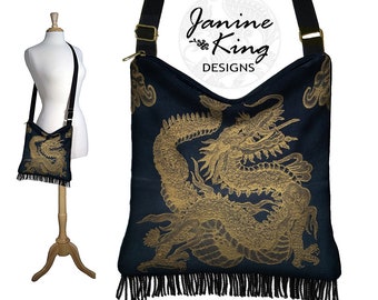 Sac tapisserie dragon sac à main gitane bohème à franges sac hippie noir sac à main dragon sac hobo sac bandoulière en tissu longue bandoulière fermeture éclair or QCK