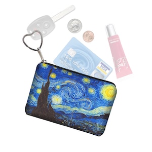 Starry Night Pequena Bolsa com Zíper Porta-Moedas Chaveiro Porta-Chaves Porta-Cartões de Visita Organizador de Bolsa Van Gogh azul amarelo preto tecido RTS