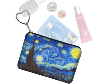 Starry Night  Small Zipper Pouch Coin Purse Keychain Key Fob Business Card Holder Purse Organizer Van Gogh blue yellow black fabric MTO