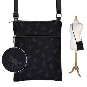 Dragonfly Fabric Handbag fits iPad Mini   Black Crossbody Bag  Cross Body Purse   eReader Travel Bag   Small Shoulder Bag  zipper pocket QCK