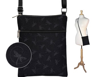 Dragonfly Fabric Handbag fits iPad Mini   Black Crossbody Bag  Cross Body Purse   eReader Travel Bag   Small Shoulder Bag  zipper pocket QCK