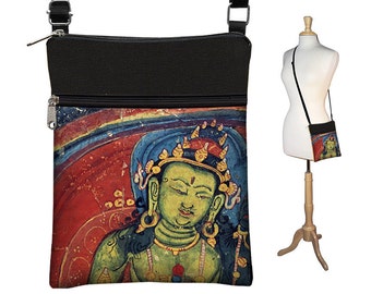 Small Cross Body Purse   Boho Buddha Crossbody Bag  Sling Shoulder Bag Fits eReaders  Asian Art Bag   jewel colors  red, blue, green RTS