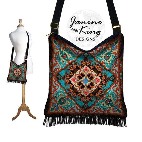 Bohemian Hippie Bag Hobo Purse Crossbody Bag Gyspy Bag Fringe Purse Handbag Kaleidoscope Mandala turquoise blue orange red MTO