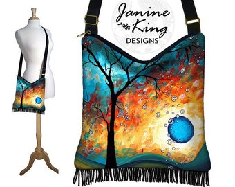 MadArt  Hippie Crossbody Bag  Fringe Hobo Purse  Cross Body Shoulder Bag  Boho Sling Bag  Aqua Burn  blue orange black RTS