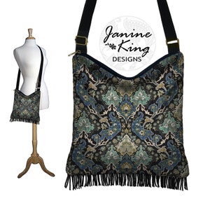 Vintage Carpet Fabric Bag  Bohemian Fringe Purse  Hippie Bag  Boho Hobo Purse  Crossbody Bag  Cross Body Purse, blue black aqua gold RTS