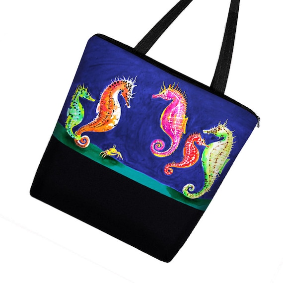 Clara Nilles Seahorse Large Tote Bag / Canvas Tote Bag w Zipper & Pockets /  Boy Diaper Bag Girl / Beach Tote / blue pink green  RTS