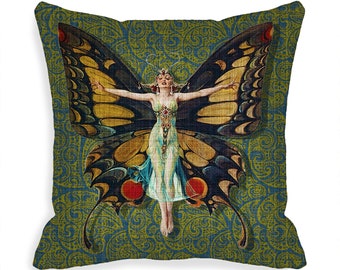Ready to ship - Indoor Outdoor Pillow Cover  Art Deco Pillow Cover with Zipper  Vintage Art Butterfly Flapper  14x14  14 x 14  14 inch  RTS