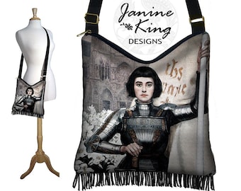 Unique Fabric Purse  Hippie Bag  Joan of Arc Feminist Symbol Art Bag  Boho Hobo Purse  Fringe Crossbody Bag   Bohemian Gyspy Bag, black RTS