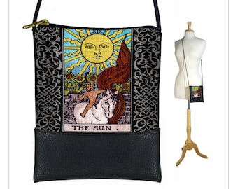 The Sun Tarot Card Bag, Small Cross Body Bag, Boho Sling Bag, Black Cell Phone Purse, Bohemian Shoulder Bag, Fabric Crossbody Purse RTS