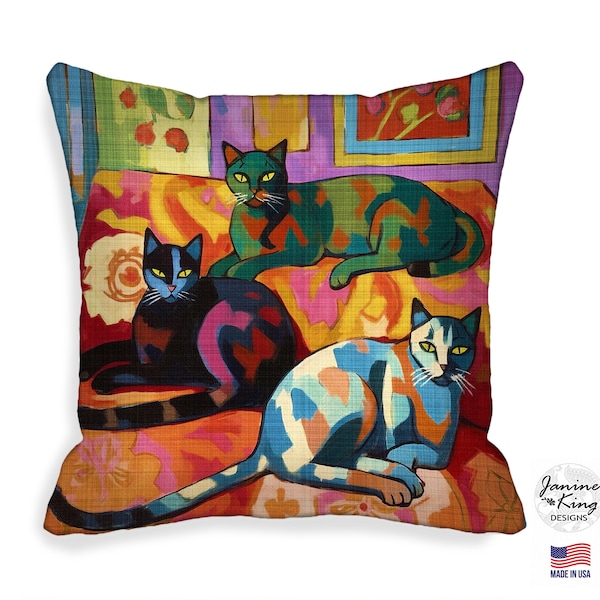 Cat Print Fabric Indoor Outdoor Pillow Cover Henri Matisse Painting Cat Lover Gifts Cat Gifts 18x18 20x20 +more zipper colorful cushion MTO