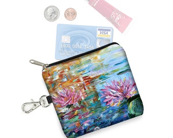 KT Water Lily Print Coin Purse Keychain  Small Zipper Pouch  Water Lilies Painting  Colorful Floral Key Fob Card Holder  blue pink green MTO