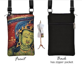 Petit sac bandoulière en tissu pour iPhone 13 X XR, sac pour oeuvres d'art bouddha bohème, poche zippée, rouge bleu vert QCK
