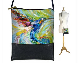 KT Hummingbird Small Crossbody Bag  Bird Lover  Cell phone purse  Mini shoulder bag  Hummingbird Gift  Impressionism Art Bag  blue green RTS