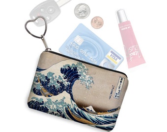 Zipper Coin Purse Keychain Fob Great Wave by Hokusai Business Card Case Small Zipper Pouch Japanese Asian Art blue yellow beige black MTO