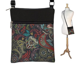 Vintage Paisley Fabric Handbags, Small Crossbody Bags for Women, Black Boho Bag, Bohemian Cross Body Purse, Shoulder Bag RTS