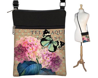 Cottage Chic Small Crossbody Hipster Bag Floral Cross Body Shoulder Bag eReader Case Cover pink purple Hydrangea Blue Butterfly RTS